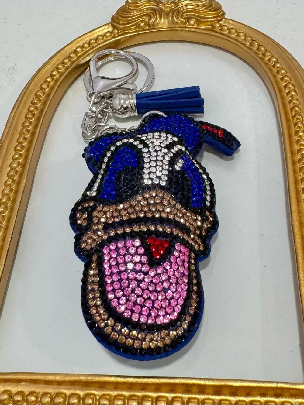 New Crystal Donald Duck Keychain with Blue Tassel - Sparkling Pink Tongue